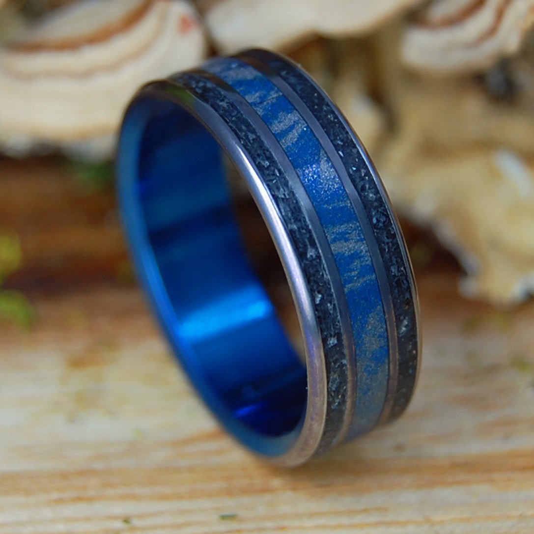 CRUSHED METEORITE & BLUE | Men's Crushed Meteorite, Blue Silver Mokume & Titanium Wedding Ring - Minter and Richter Designs