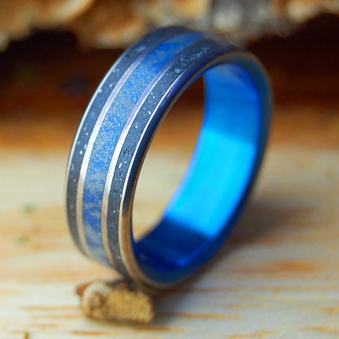 CRUSHED METEORITE & BLUE | Men's Crushed Meteorite, Blue Silver Mokume & Titanium Wedding Ring - Minter and Richter Designs