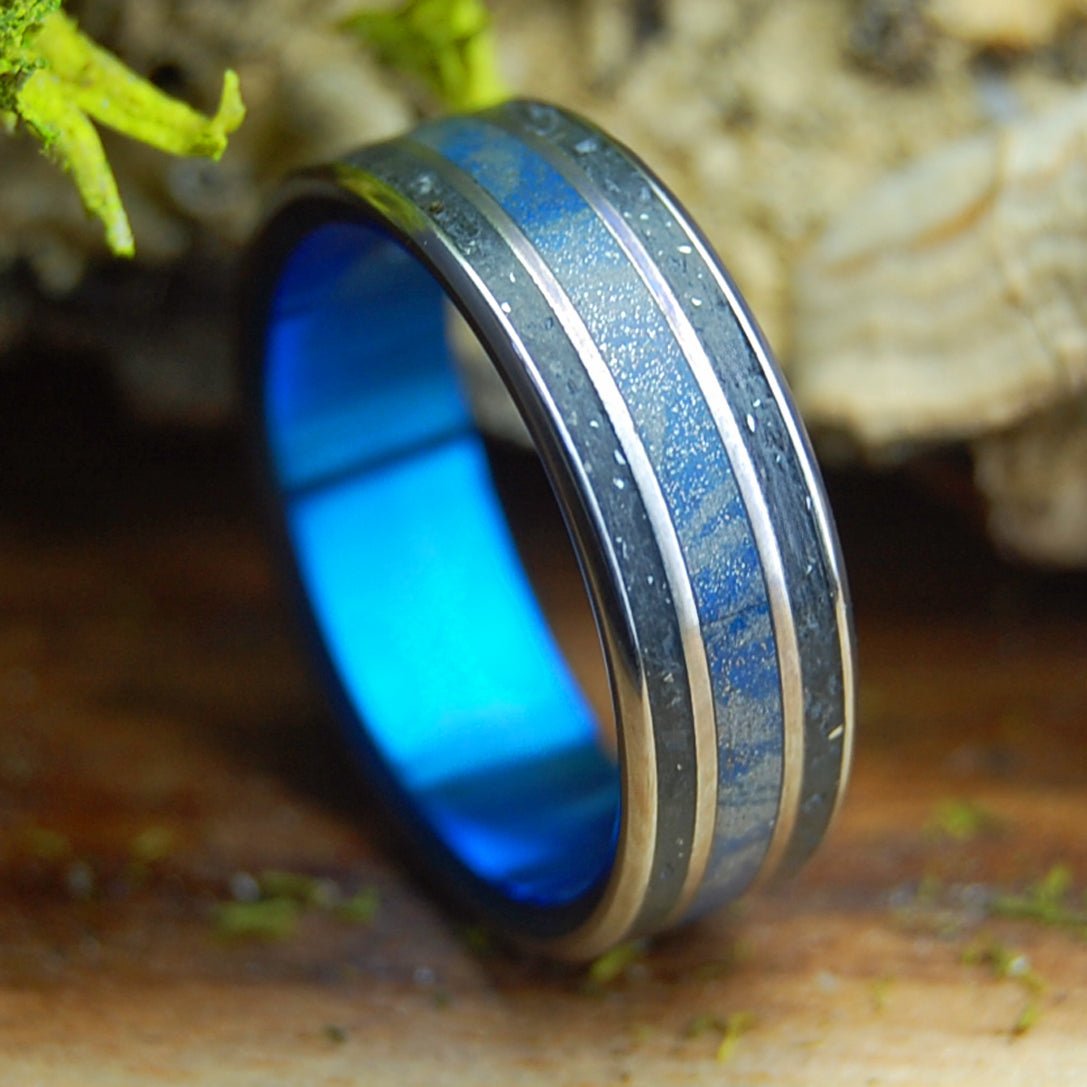 CRUSHED METEORITE & BLUE | Men's Crushed Meteorite, Blue Silver Mokume & Titanium Wedding Ring - Minter and Richter Designs