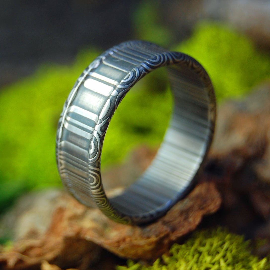 Damascus Knight | Size 11.75 At 8mm | Damascus Steel | Unique Wedding Band | On Sale - Minter and Richter Designs