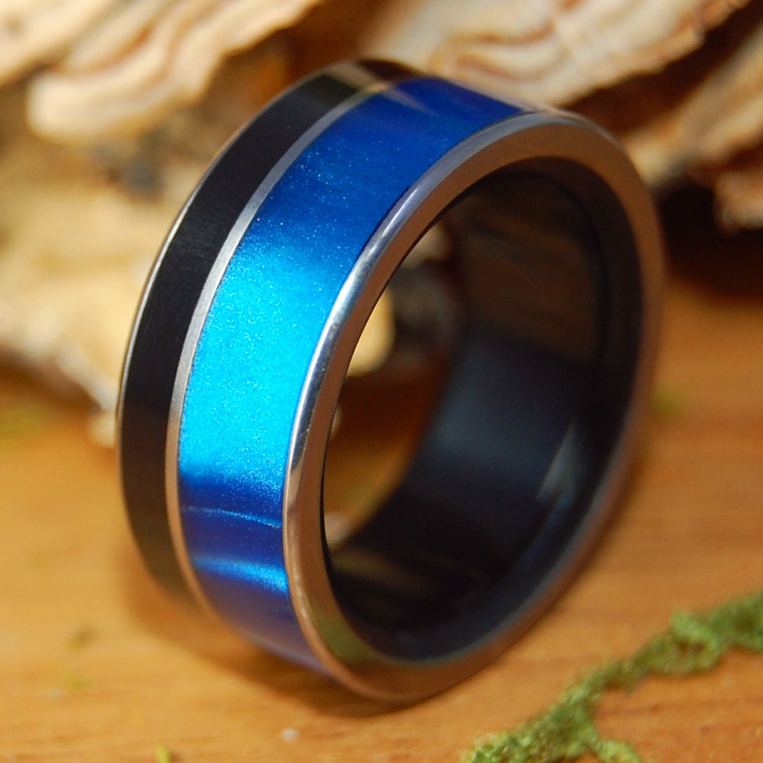 DARK SIDE OF THE BLUE MOON | Men's Onyx Stone, & Blue Marbled Opal Wedding Ring - Minter and Richter Designs