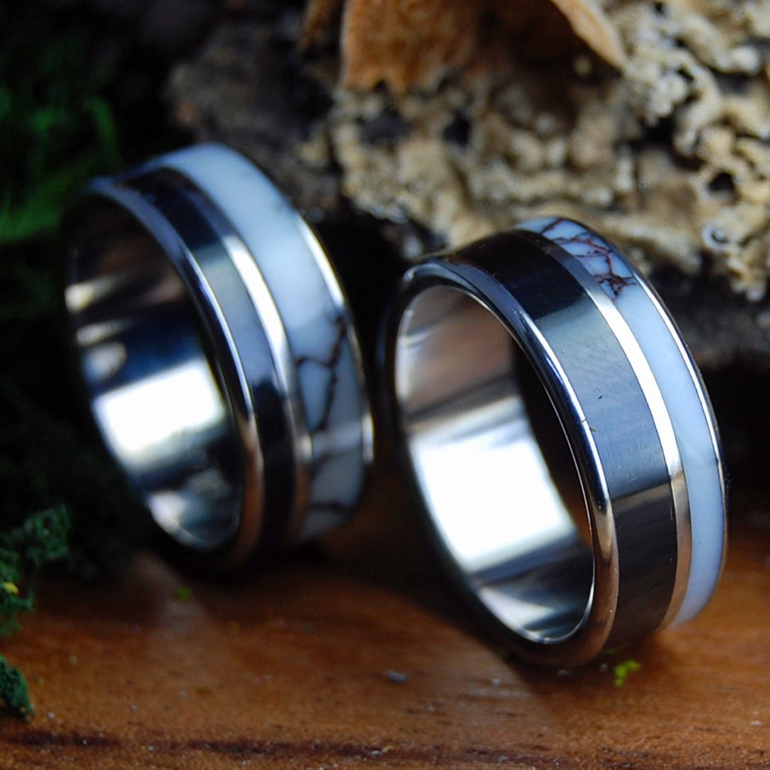 DOUBLE WILD ONYX SET | Wild Horse Jasper & Onyx Stone - Titanium Wedding Rings - Minter and Richter Designs