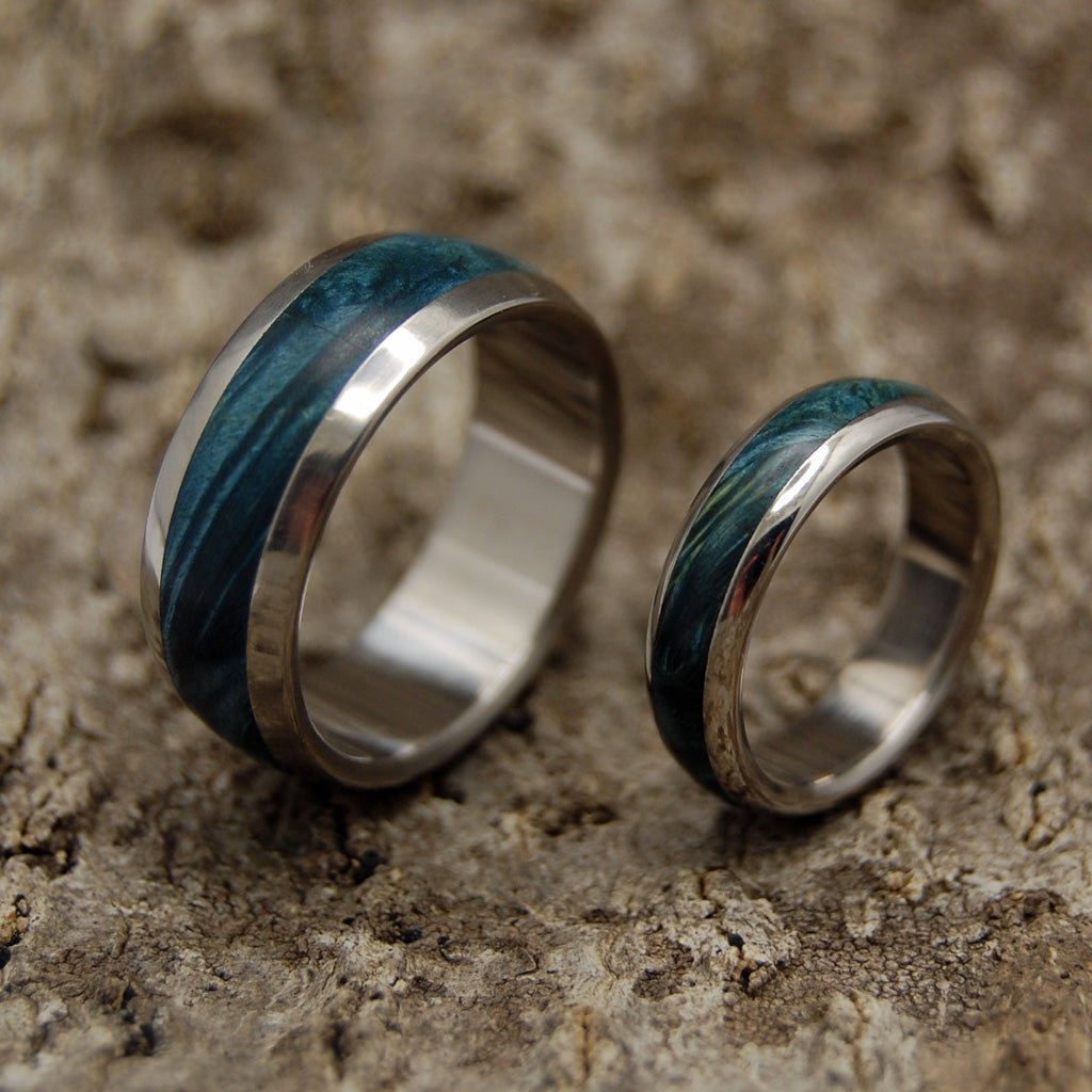 Earthly Delights | Blue Box Elder Wood & Titanium - Unique Wedding Ring - Wedding Ring Set - Minter and Richter Designs