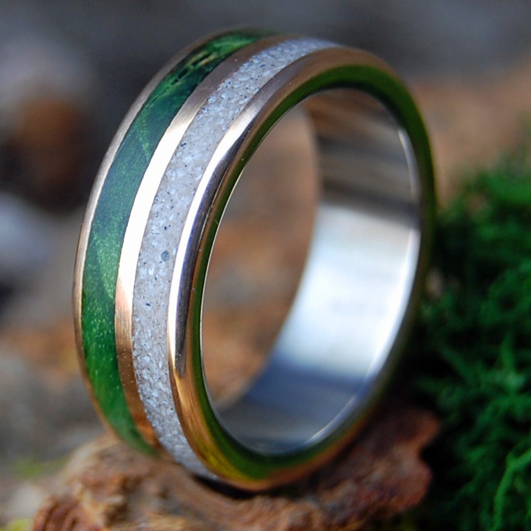 ETERNAL| Green Box Elder, sand, Titanium & Bronze Wedding Ring - Minter and Richter Designs