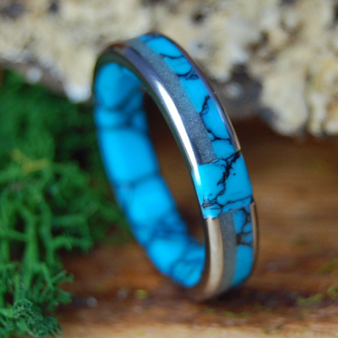ETERNALLY OUR BEACH FLUSH | St. Augustine Beach Sand, Turquoise & Titanium Wedding Ring - Minter and Richter Designs