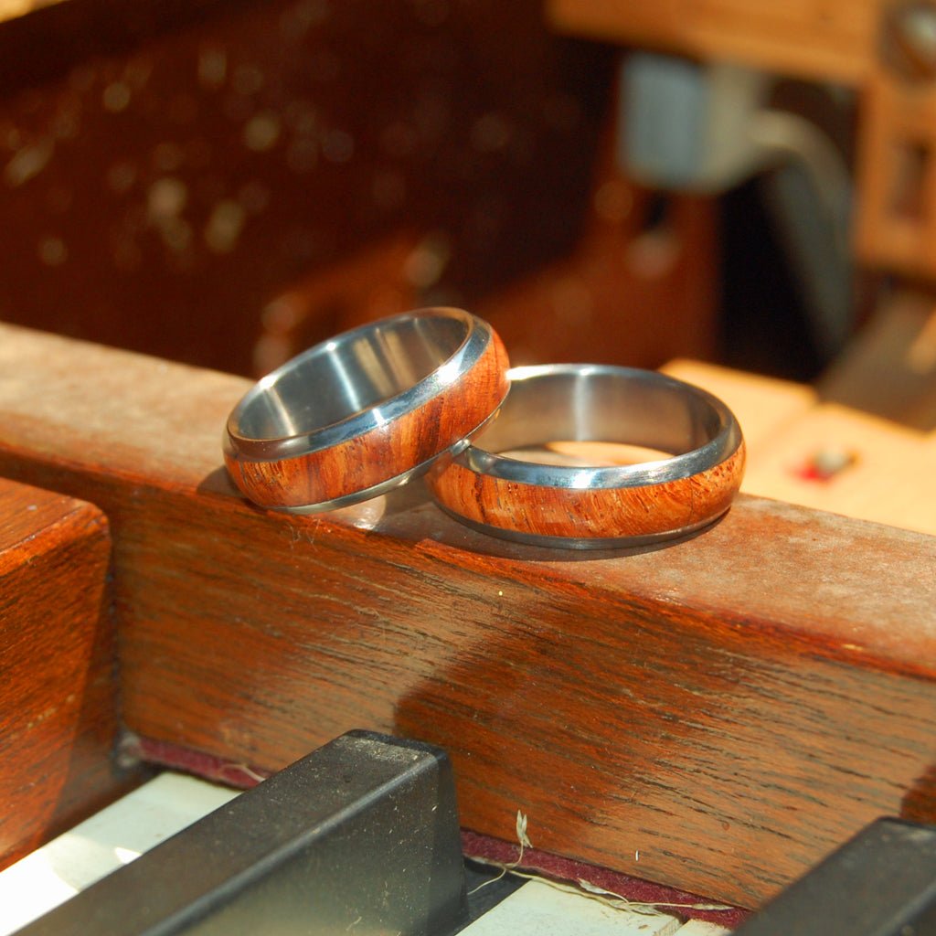 Every Drop Amboyna | Amboyna Wood & Titanium - Unique Wedding Ring - Wedding Ring Set - Minter and Richter Designs