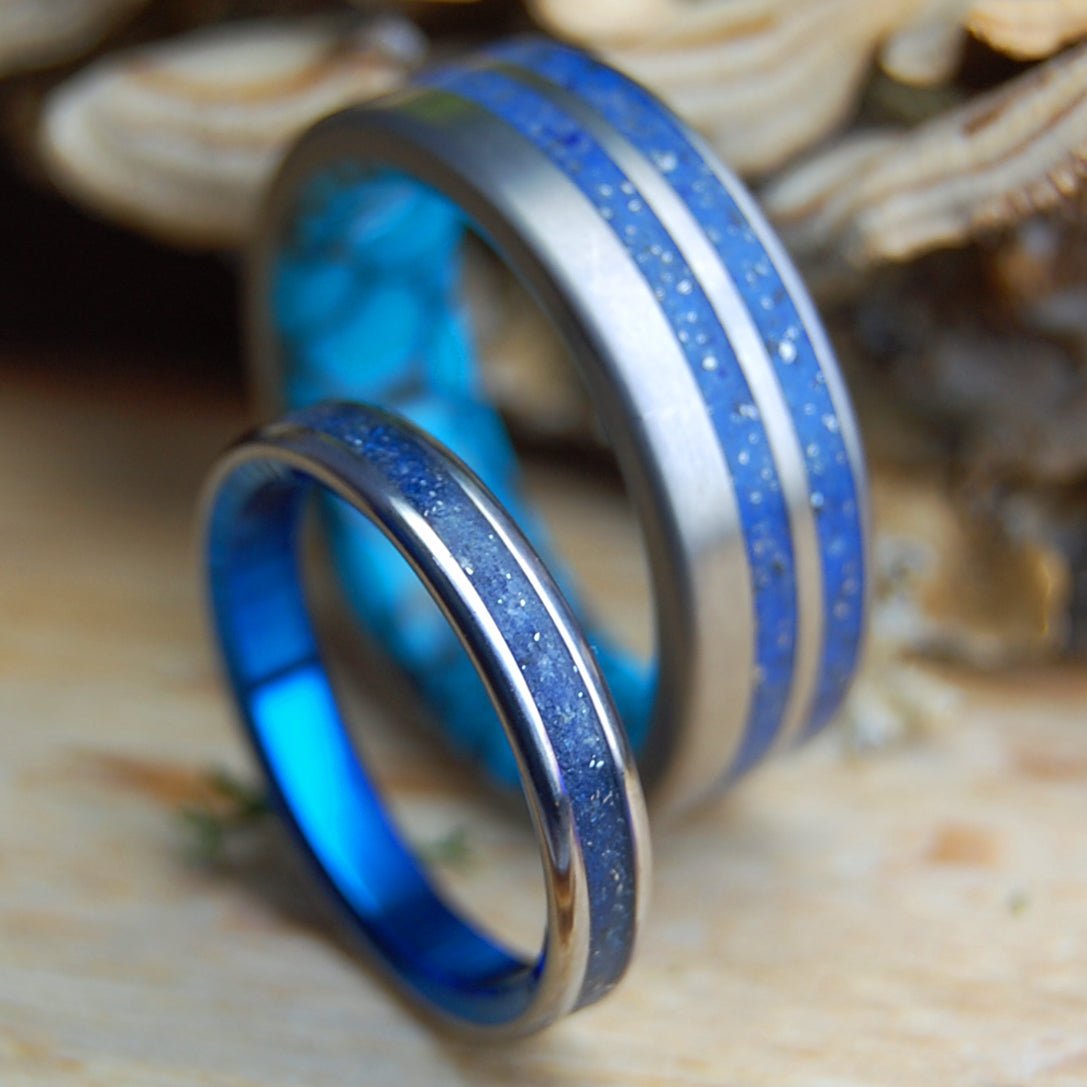 FLY YOUR SKIES SET | Crushed Cessna Plane Parts, Hawaiian Sand | Titanium Wedding Rings - His & Hers Wedding Band Set - Beach Sand Wedding Rings - Minter and Richter Designs