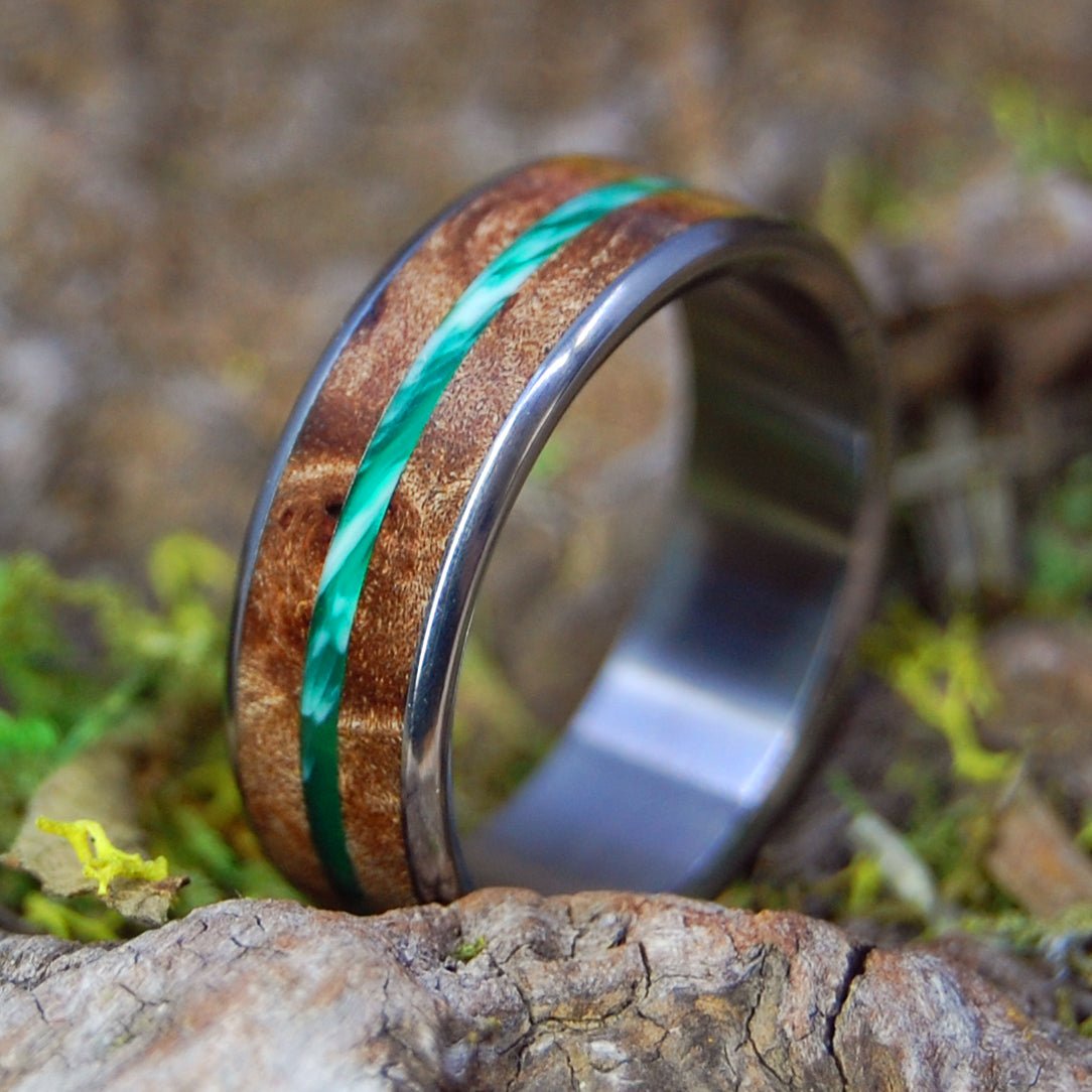 Flyer Men's Green Vintage Resin, Dark Maple Wood Titanium Wedding Ring