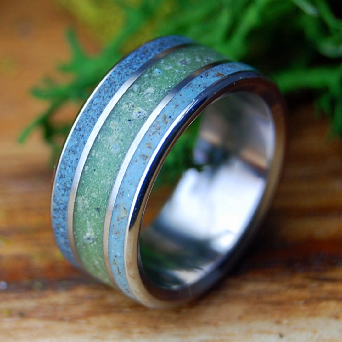FOLLY RIVER RHINE CONNEMARA | Men's River Rhine Germany, Folly Beach SC Beach Sand, Connemara Marble & Titanium Wedding Ring - Minter and Richter Designs