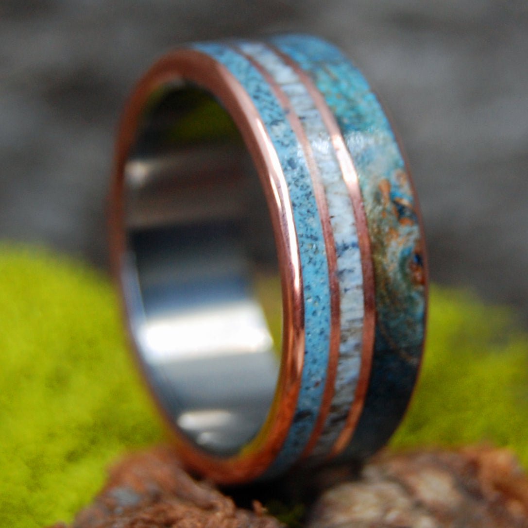 FOR GOD SO LOVED THE WORLD | Men's Blue Maple Wood, Beach Sand, Copper & Titanium Wedding Ring - Minter and Richter Designs