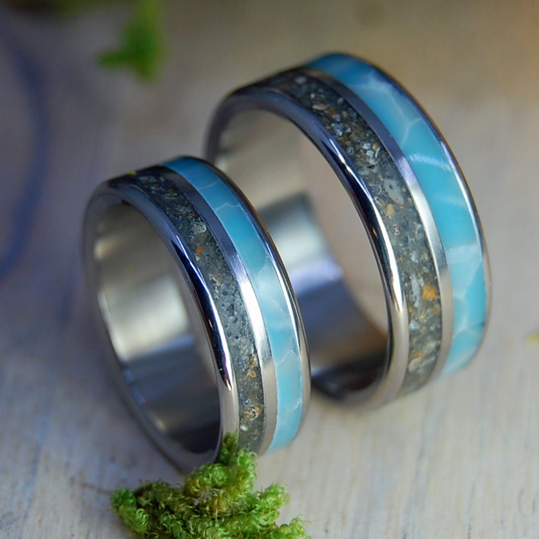 FORT STUART FL & LARIMAR | Beach Sand, Larimar Stone - Titanium Wedding Rings - Minter and Richter Designs