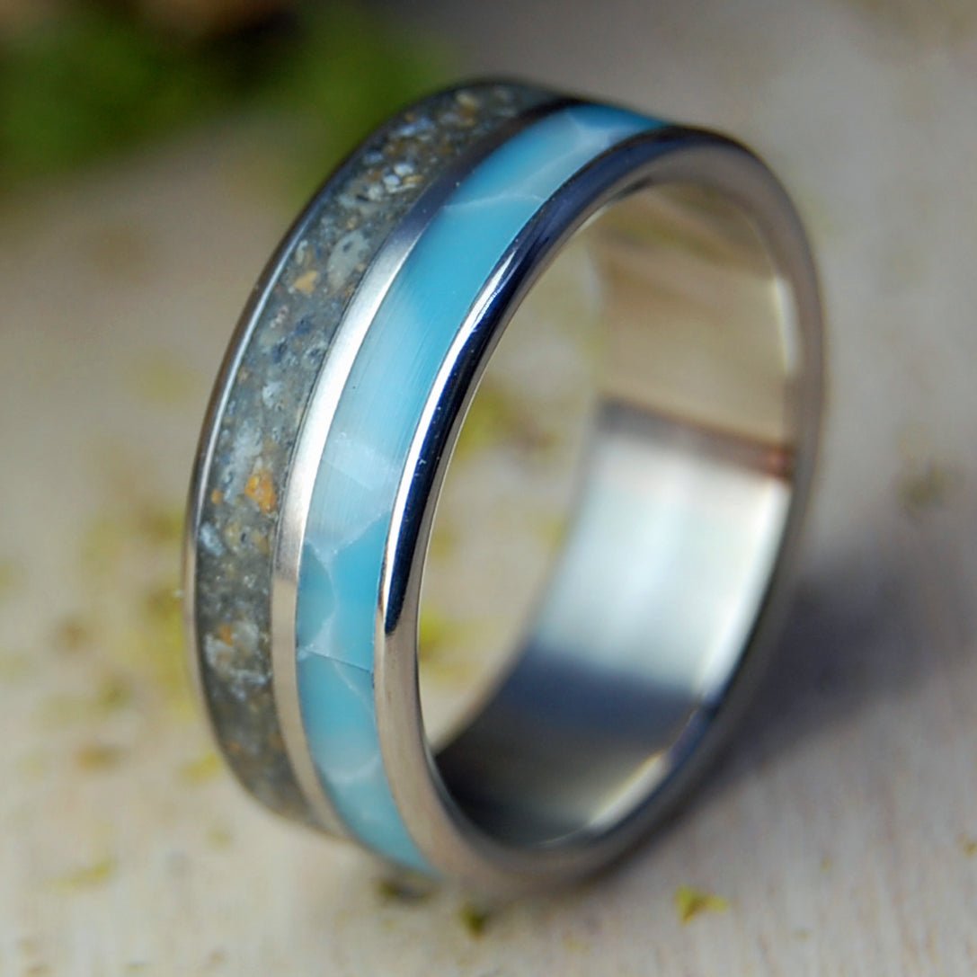 FORT STUART FL & LARIMAR | Men's Beach Sand, Larimar Stone & Titanium Wedding Ring - Minter and Richter Designs
