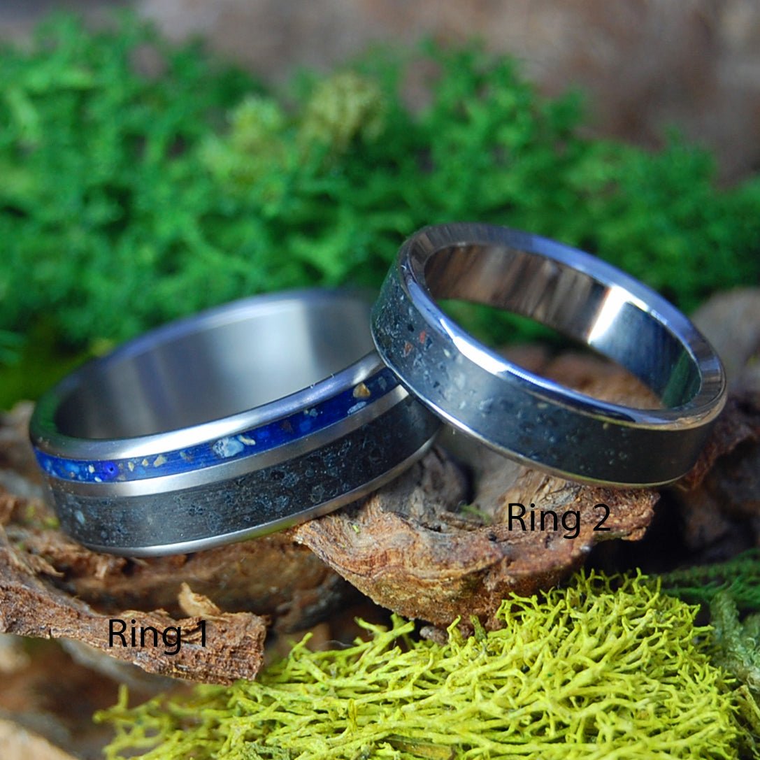 From Vik to Dingle Blue | Beach Sand & Lava Titanium and Inox Steel Wedding Rings - Unique Wedding Rings - Minter and Richter Designs