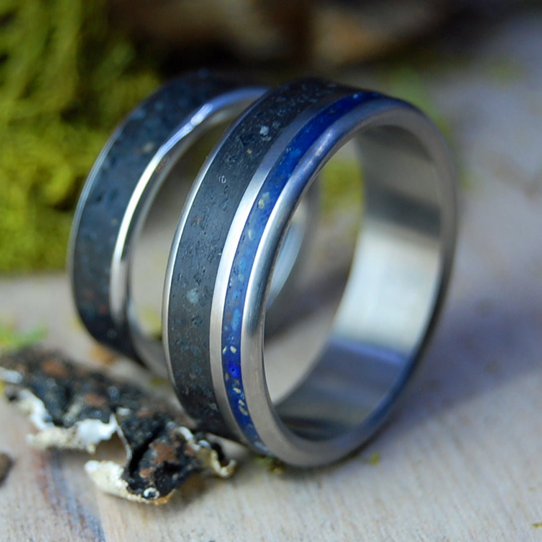 From Vik to Dingle Blue | Beach Sand & Lava Titanium and Inox Steel Wedding Rings - Unique Wedding Rings - Minter and Richter Designs
