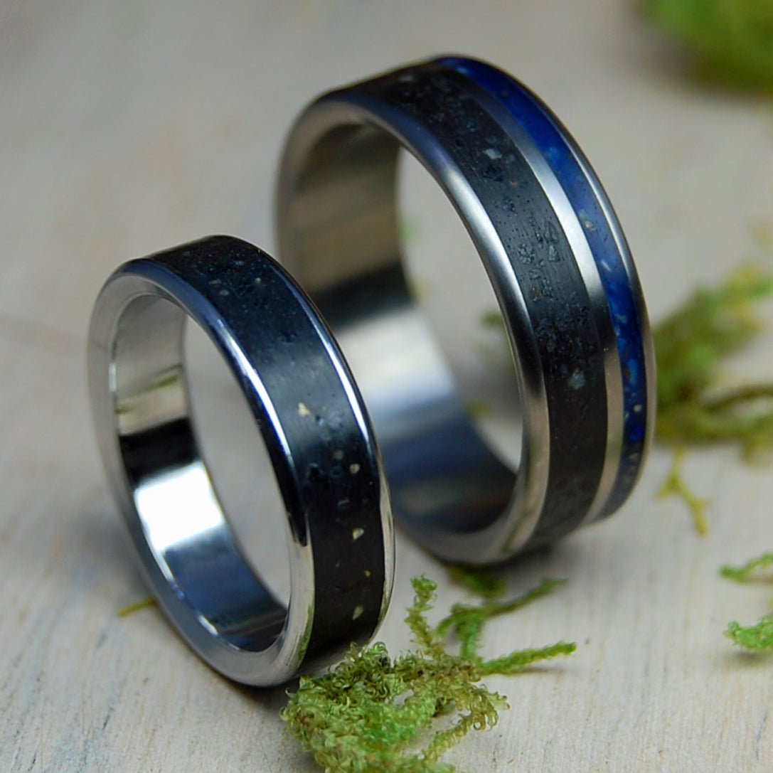 From Vik to Dingle Blue | Beach Sand & Lava Titanium and Inox Steel Wedding Rings - Unique Wedding Rings - Minter and Richter Designs