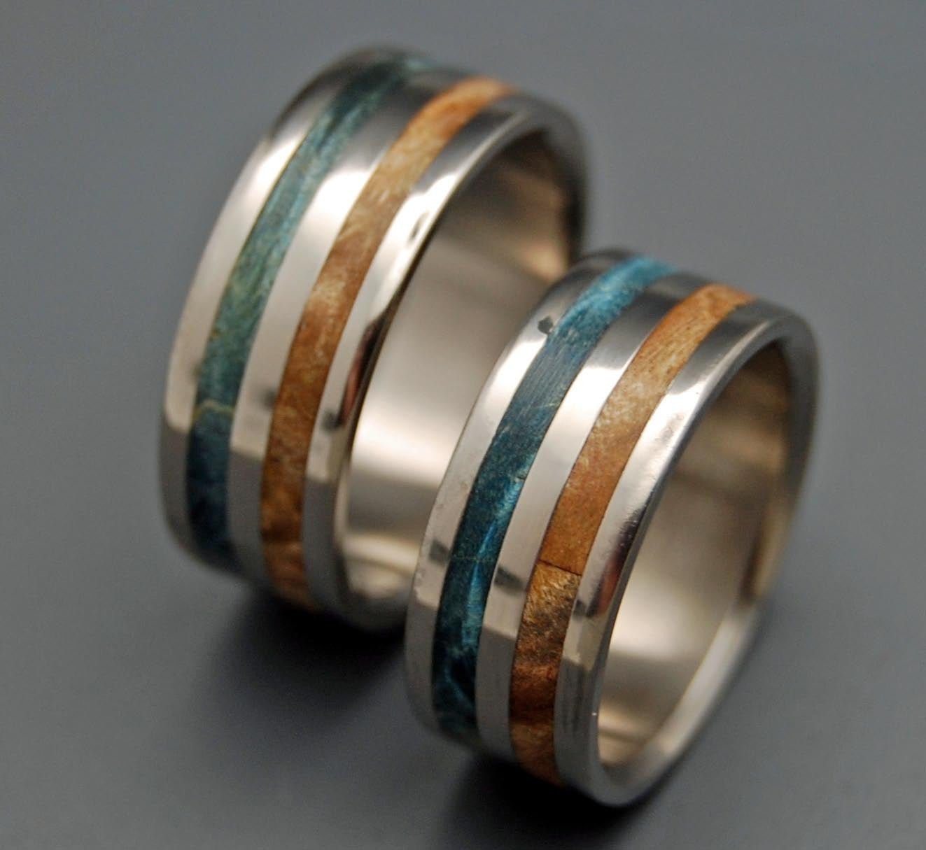 Giving Tree | Blue Maple Burl Wood & Spalted Maple Titanium Wedding Ring Set - Minter and Richter Designs