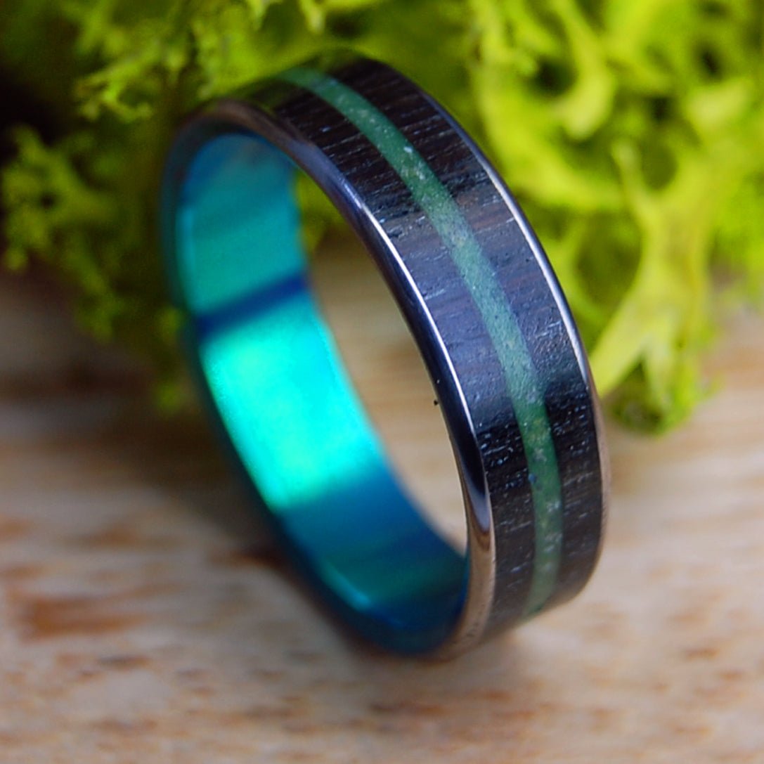 GREEN SUNSETS OF IRELAND | Men's Irish Bog Oak, Connemara Marble & Titanium Wedding Ring - Minter and Richter Designs