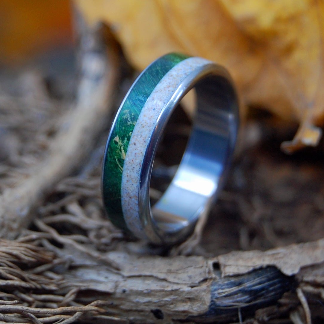 Green Wood & Sand | Men's Wood, Sand & Titanium Wedding Ring - Minter and Richter Designs