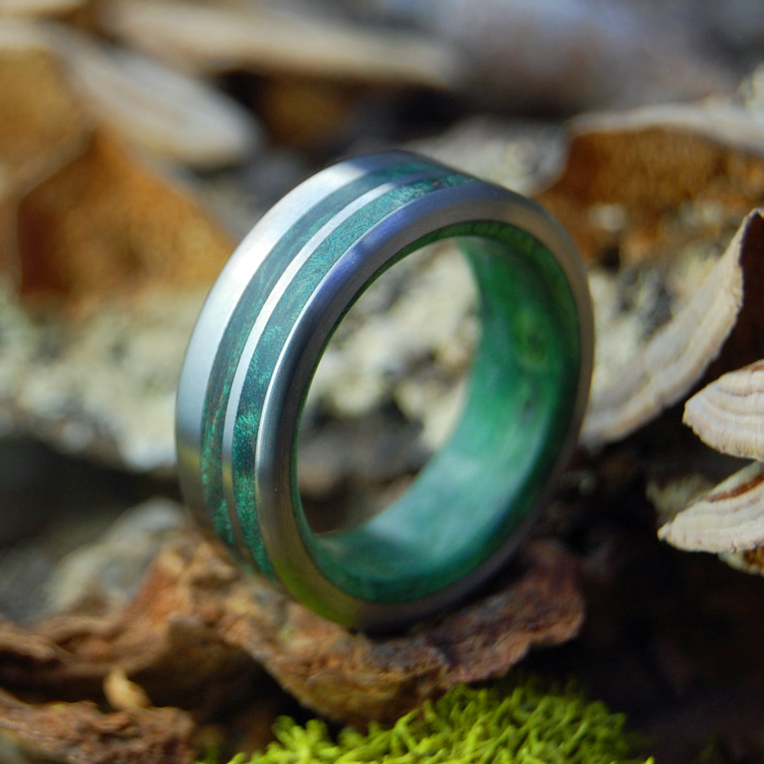GREEN LUSH LOVE | Green Box Elder & Green Maple - Titanium Wedding Rings - Minter and Richter Designs