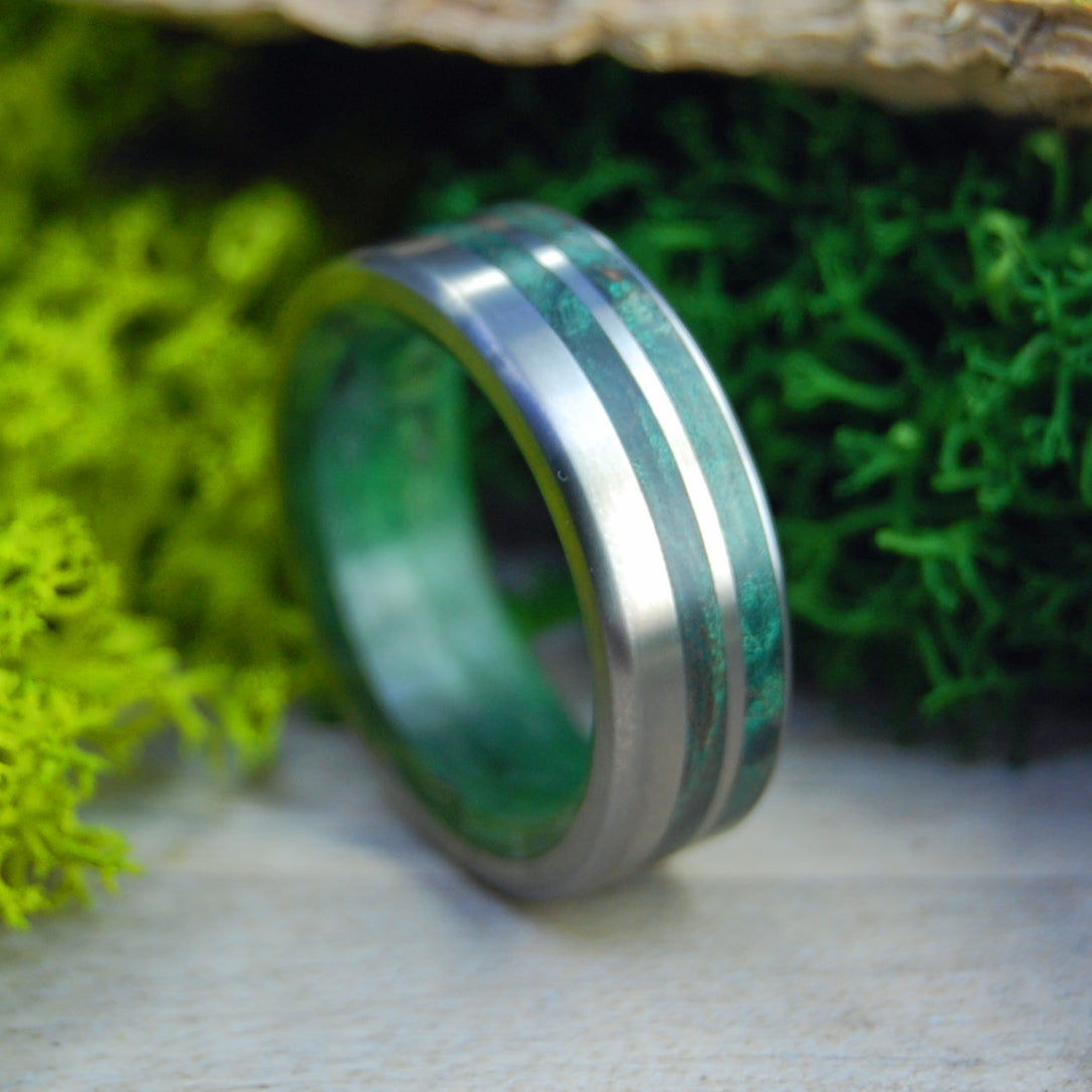 GREEN LUSH LOVE | Green Box Elder & Green Maple - Titanium Wedding Rings