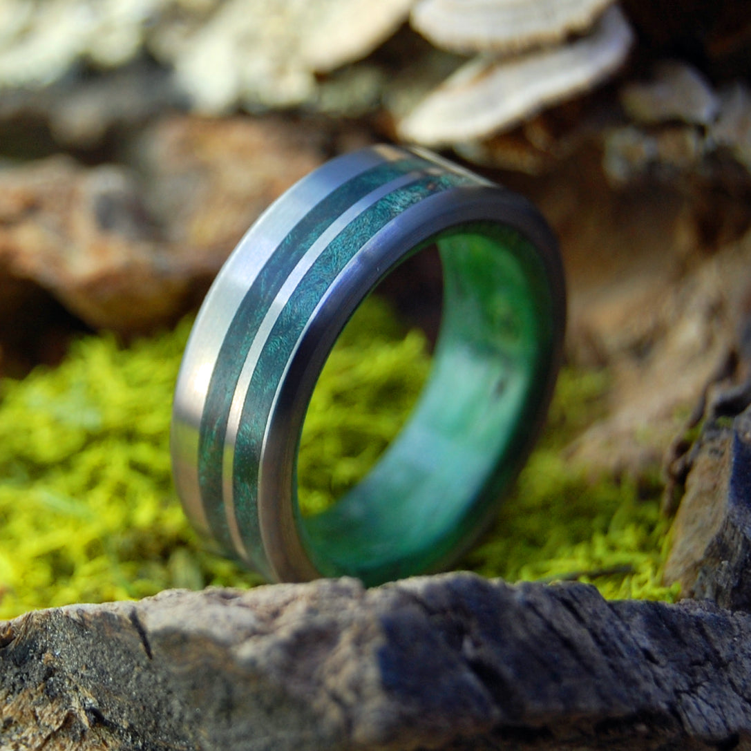 GREEN LUSH LOVE | Green Box Elder & Green Maple - Titanium Wedding Rings - Minter and Richter Designs