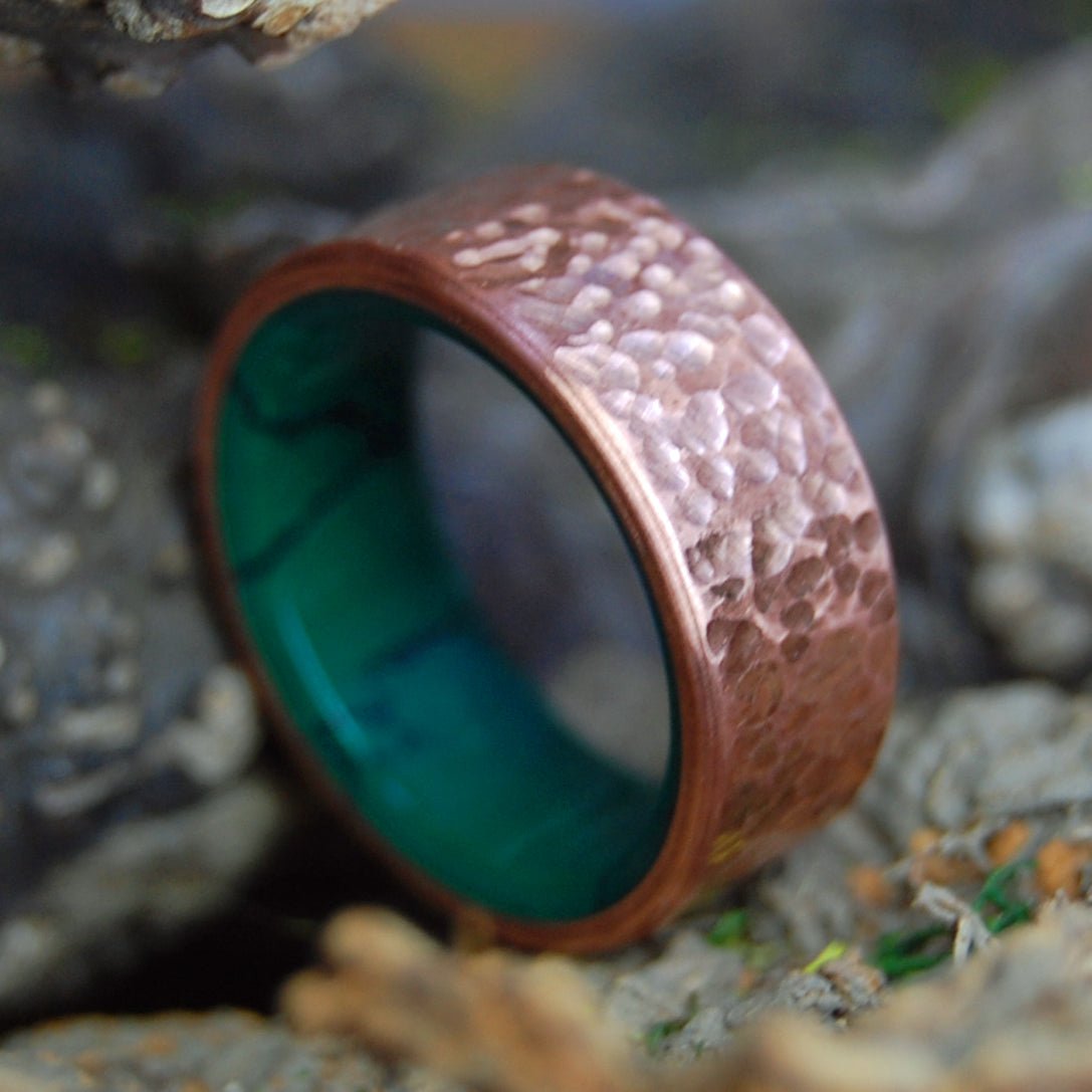 HAMMERED ROUNDED MOXIE | Men's Copper, Egyptian Jade & Titanium Wedding Ring - Minter and Richter Designs