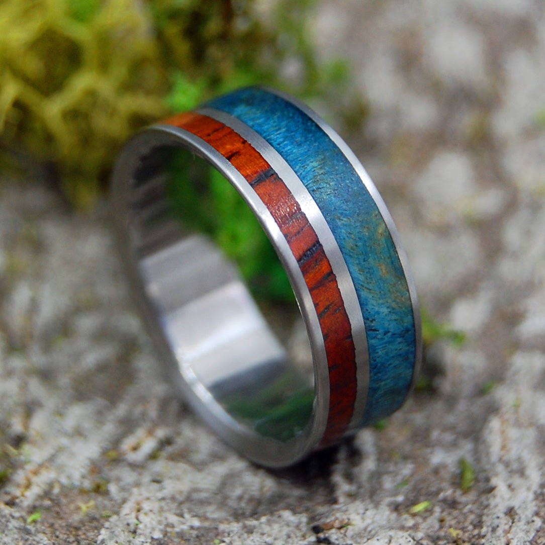 Her Heart Listens | Men's Blue Maple Burl, Cocobolo Wood & Titanium Wedding Ring - Minter and Richter Designs
