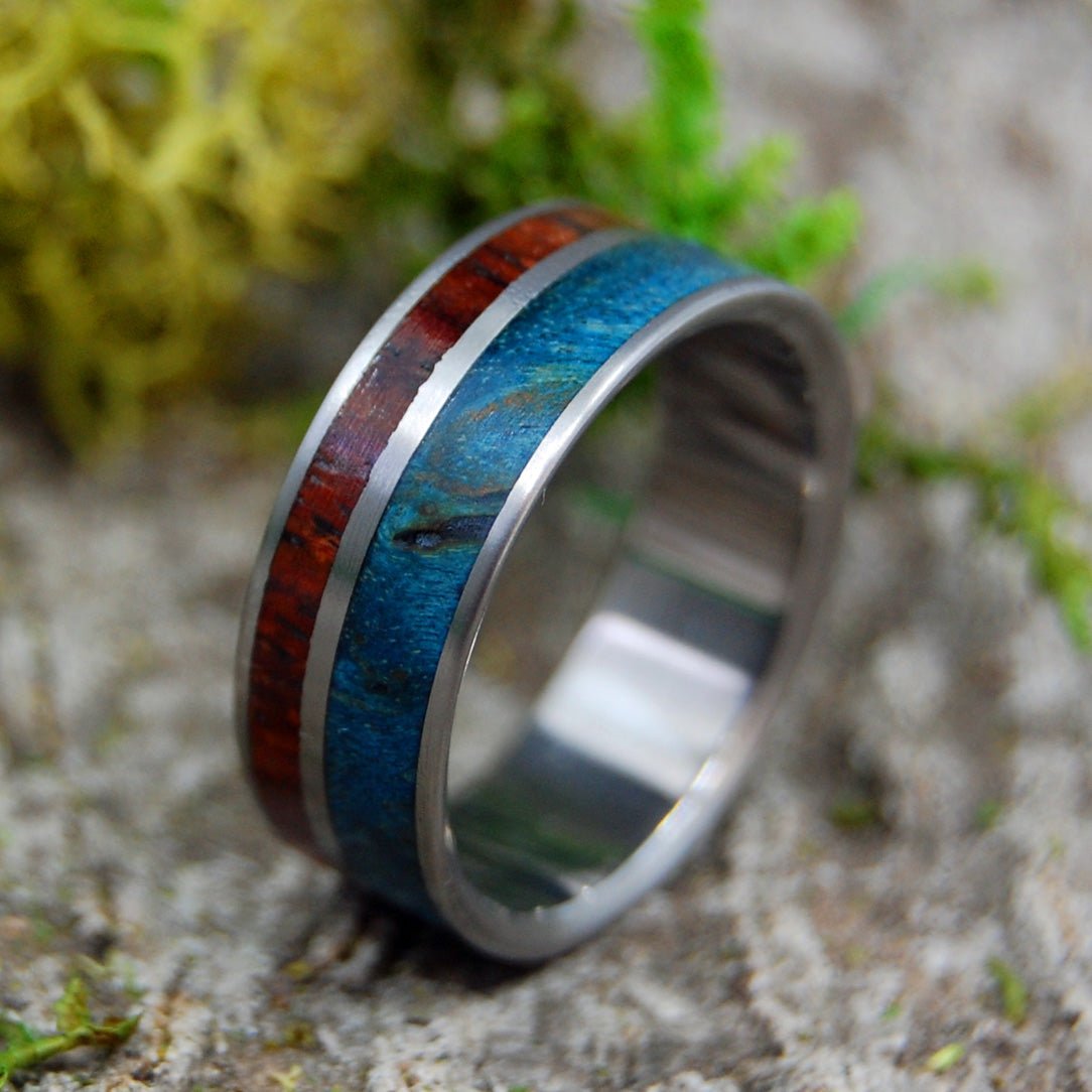 Her Heart Listens | Men's Blue Maple Burl, Cocobolo Wood & Titanium Wedding Ring - Minter and Richter Designs