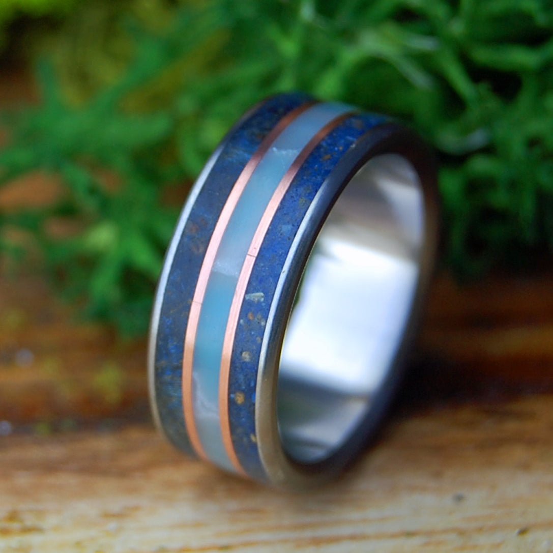 HER VERO BEACH TI | Women's Blue Box Elder Wood, Vero Beach Sand, Larimar Stone, Copper & Titanium Wedding Ring - Minter and Richter Designs