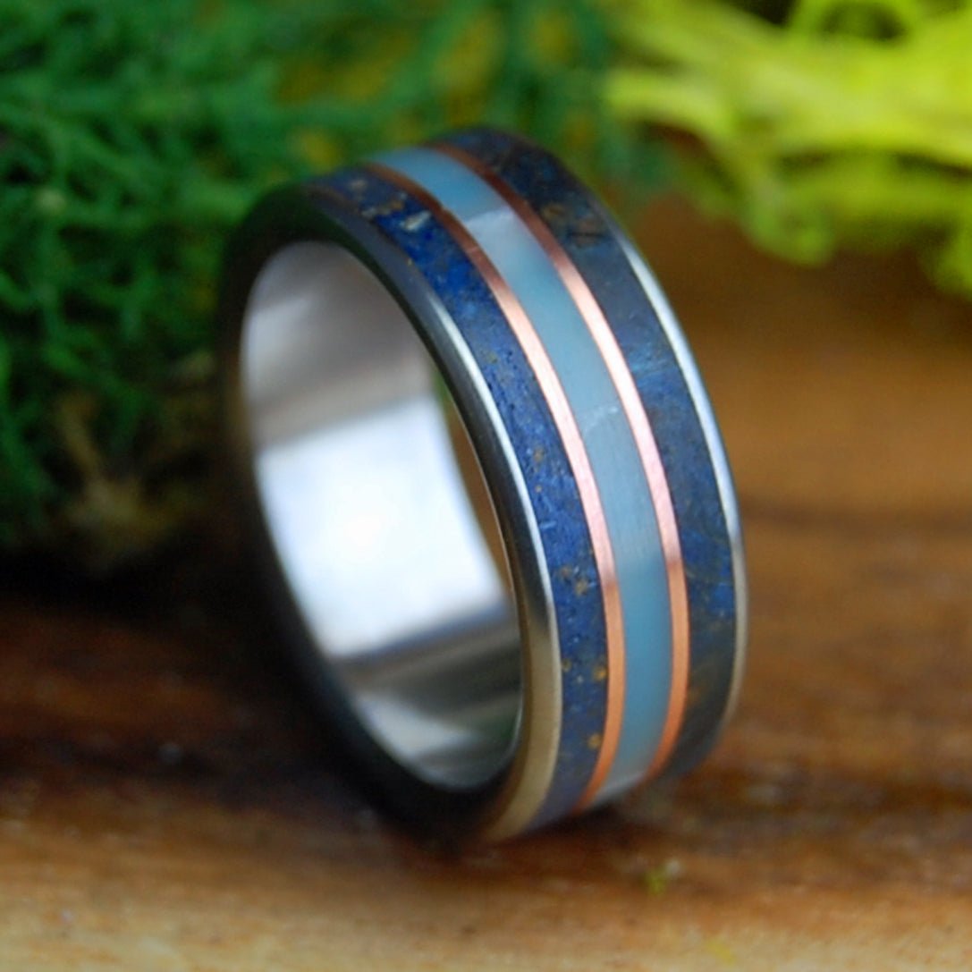 HER VERO BEACH TI | Women's Blue Box Elder Wood, Vero Beach Sand, Larimar Stone, Copper & Titanium Wedding Ring - Minter and Richter Designs