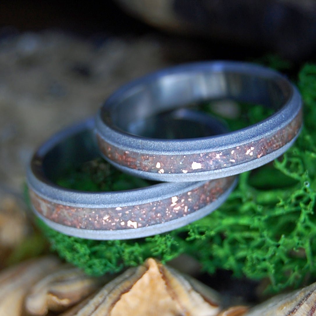 HINOKI & NATIVE COPPER | Japanese Hinoki, Michigan Native Copper Flecks & Titanium - Unique Wedding Rings - Minter and Richter Designs