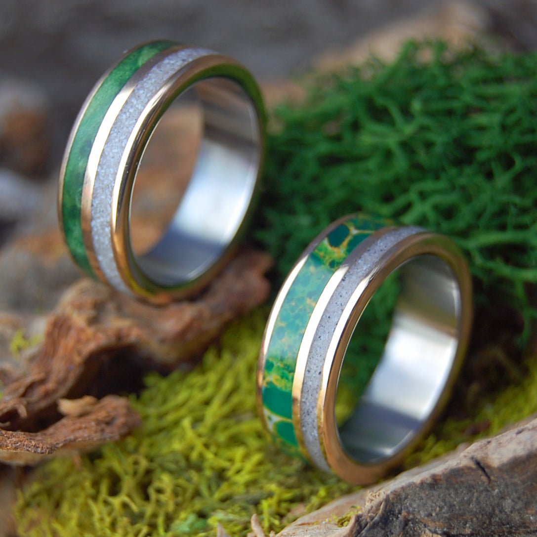 HOPE SPRINGS ETERNAL | GREEN BOX ELDER, EGYPTIAN JADE, SAND, Titanium & Bronze Wedding Rings Set - Minter and Richter Designs
