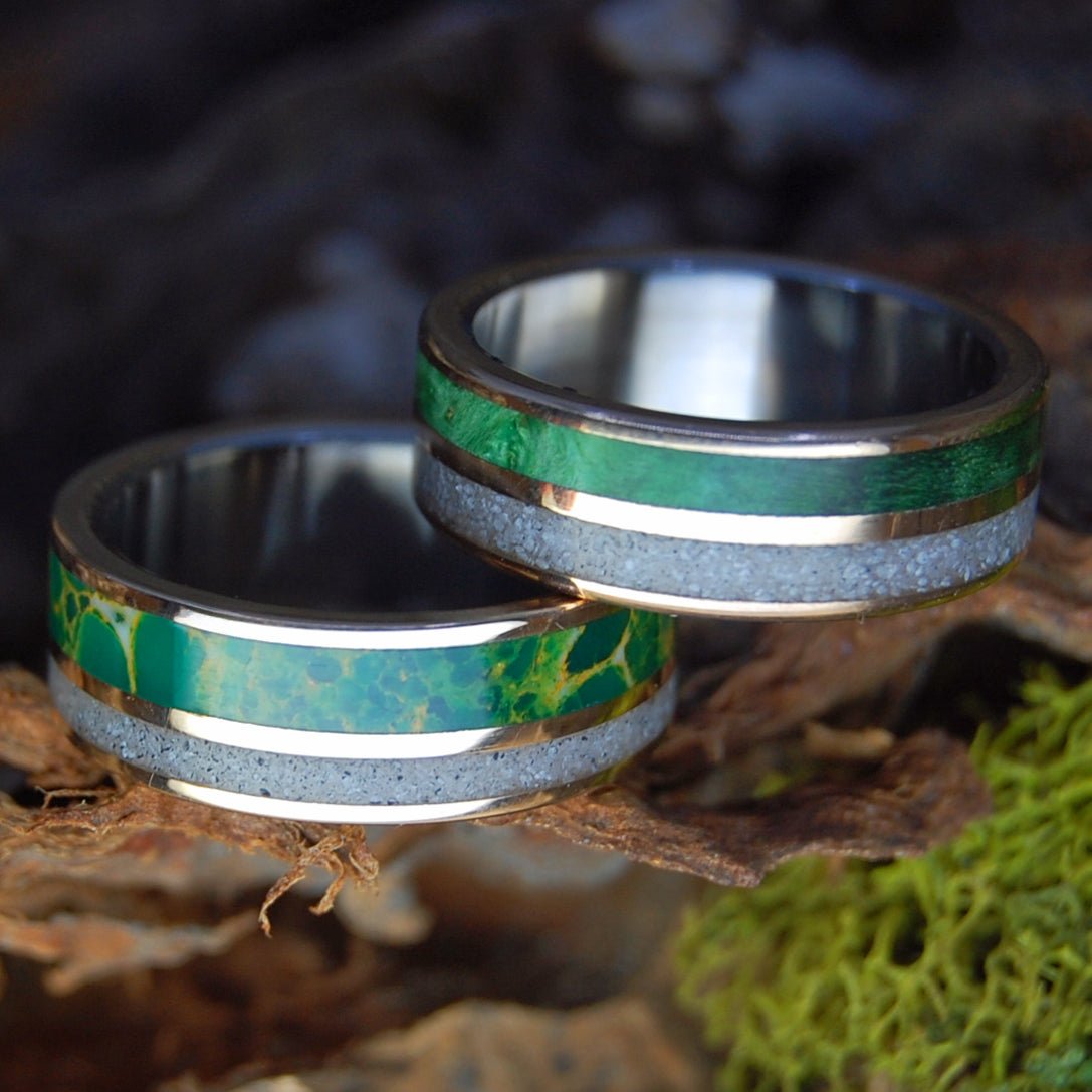 HOPE SPRINGS ETERNAL | GREEN BOX ELDER, EGYPTIAN JADE, SAND, Titanium & Bronze Wedding Rings Set - Minter and Richter Designs