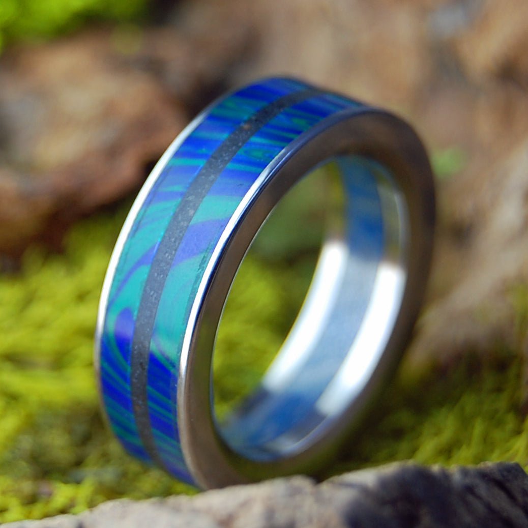 Humble Vik Aurora Flush | Men's Azurite Malachite, Vik Beach Lava, M3 & Titanium Wedding Ring - Minter and Richter Designs