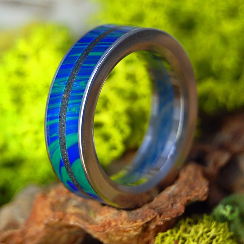 Humble Vik Aurora Flush | Men's Azurite Malachite, Vik Beach Lava, M3 & Titanium Wedding Ring - Minter and Richter Designs