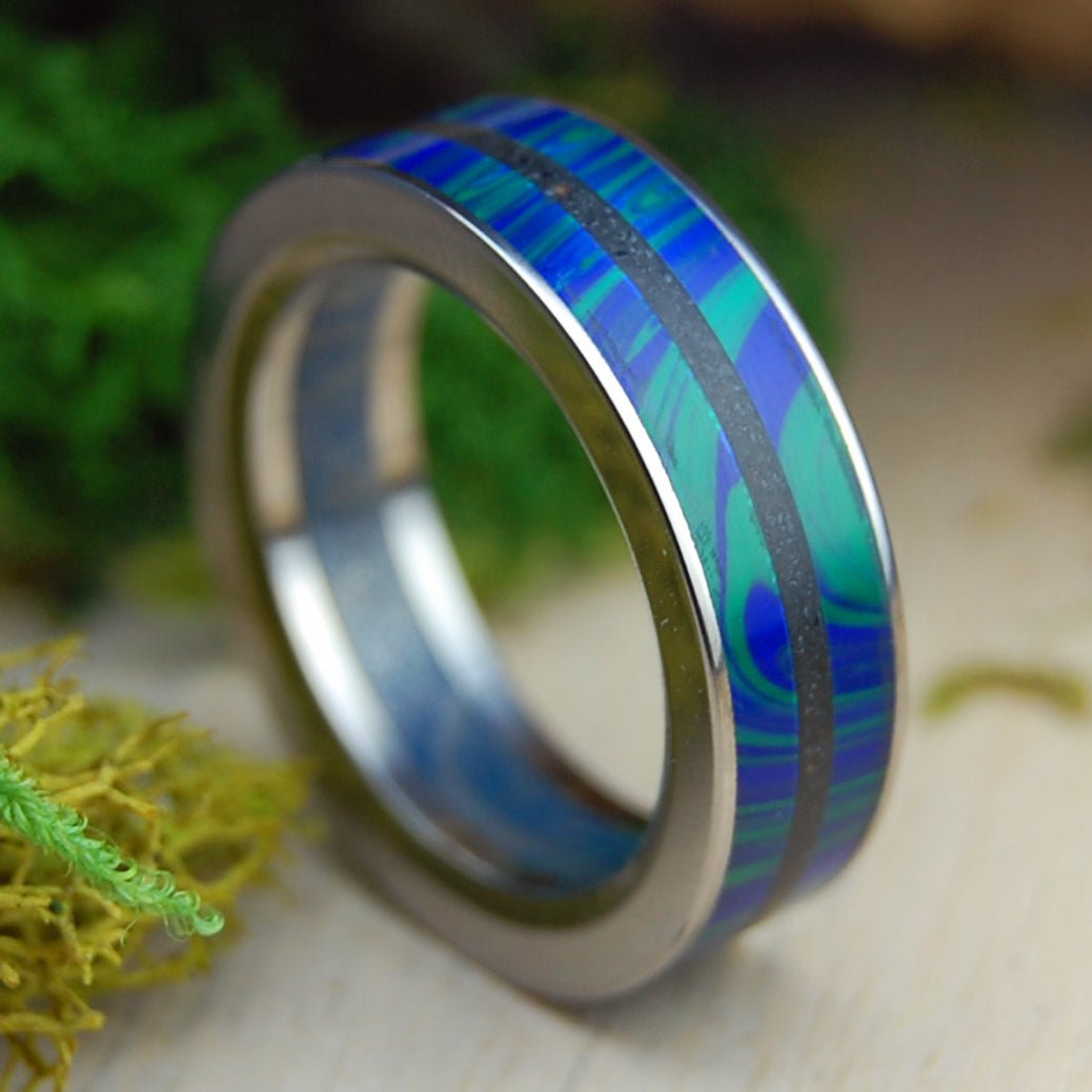 Humble Vik Aurora Flush | Men's Azurite Malachite, Vik Beach Lava, M3 & Titanium Wedding Ring - Minter and Richter Designs