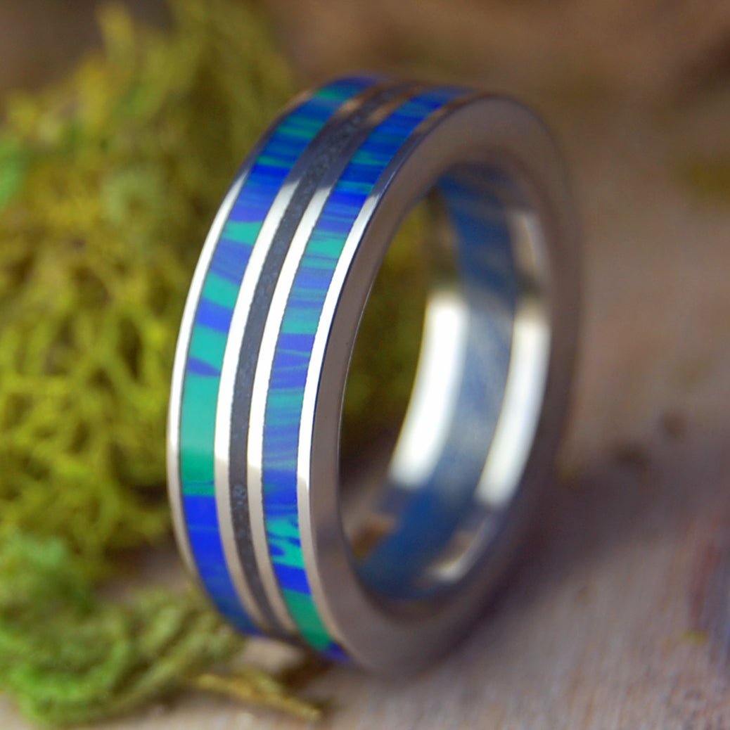 Humble Vik Aurora | Men's Azurite Malachite, Vik Beach Lava, M3 & Titanium Wedding Ring - Minter and Richter Designs