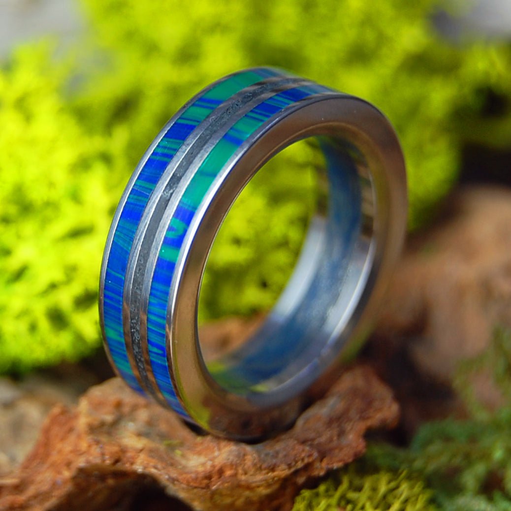 Humble Vik Aurora | Men's Azurite Malachite, Vik Beach Lava, M3 & Titanium Wedding Ring - Minter and Richter Designs