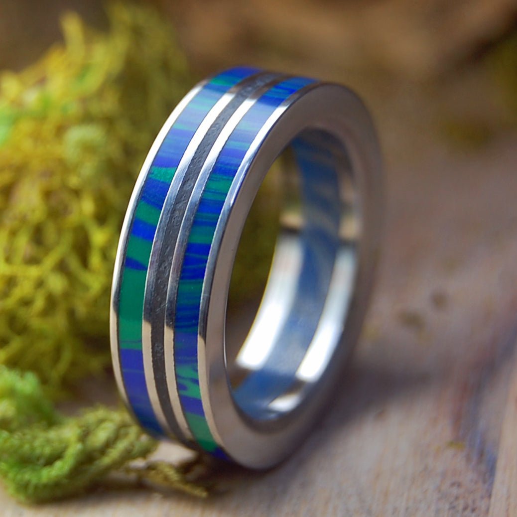 Humble Vik Aurora | Men's Azurite Malachite, Vik Beach Lava, M3 & Titanium Wedding Ring - Minter and Richter Designs