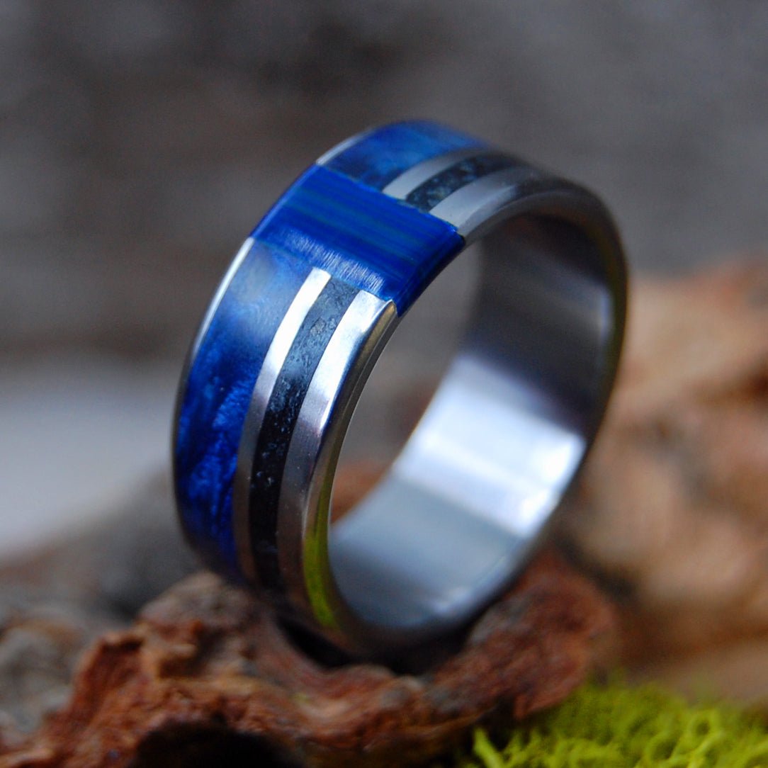 Iceland Blue Me Away | Men's Blue Box Elder Wood, Icelandic Sand & Titanium Engagement Ring - Minter and Richter Designs