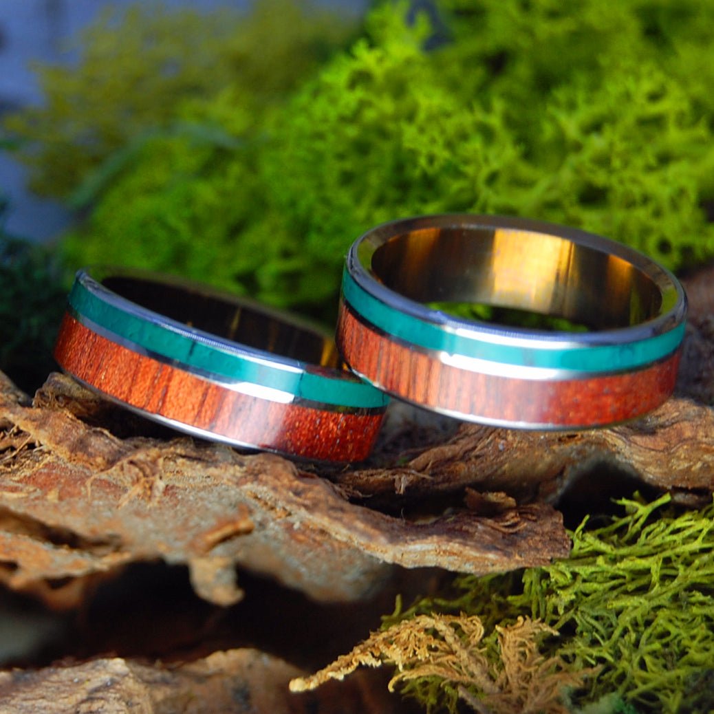 IMPERIAL BLOODWOOD BRONZE SET | Jade Stone, Bloodwood & Titanium - Unique Wedding Rings - Minter and Richter Designs