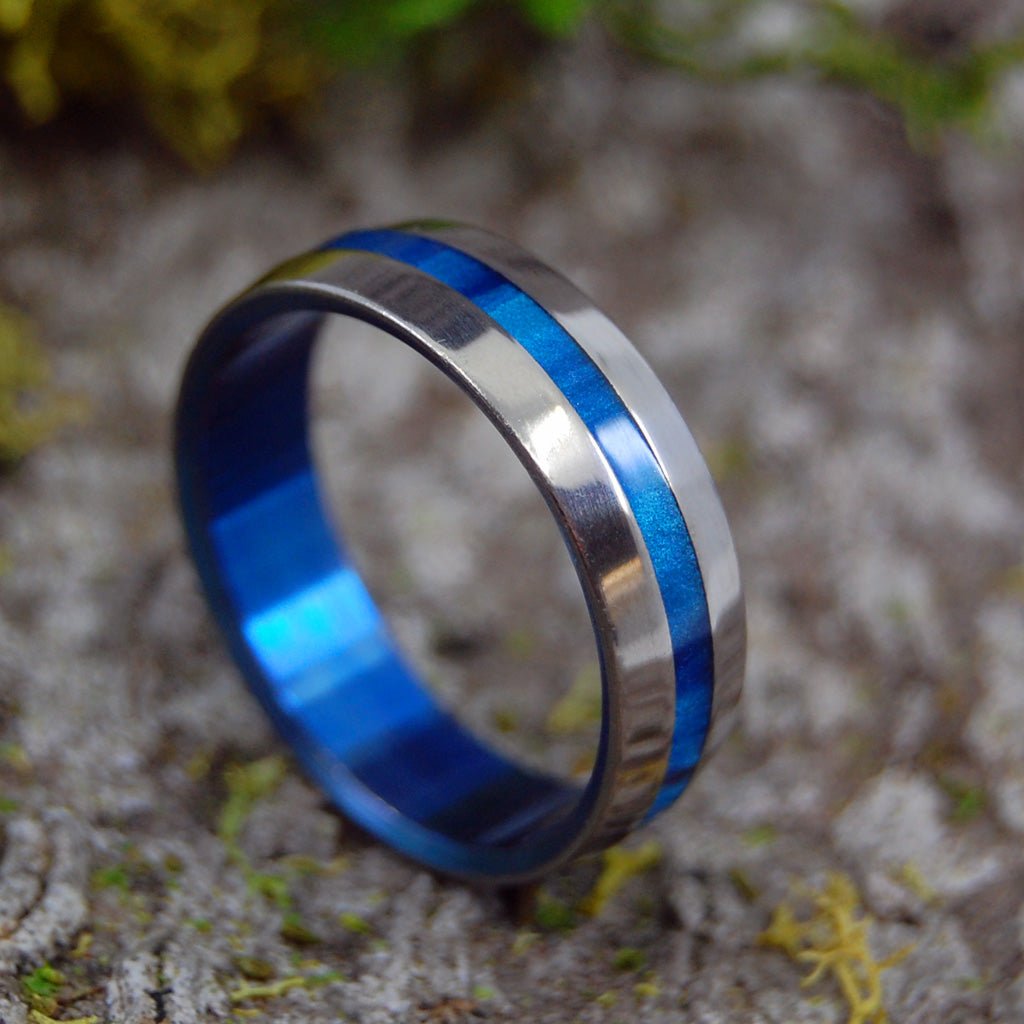 Inspired By Blue | Size 12.5 At 7mm | Blue Marbled Opalscent Resin | Titanium Wedding Ring | On Sale - Minter and Richter Designs