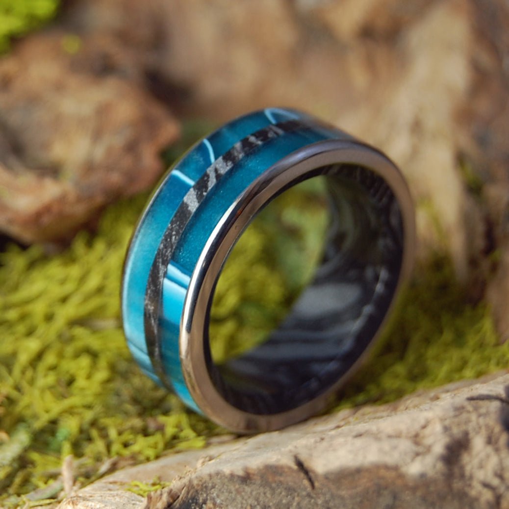 INTERSTELLAR AQUATIC BLACK | Men's Aquatic Resin, Black Silver M3 Mokume Gane & Titanium Wedding Ring - Minter and Richter Designs