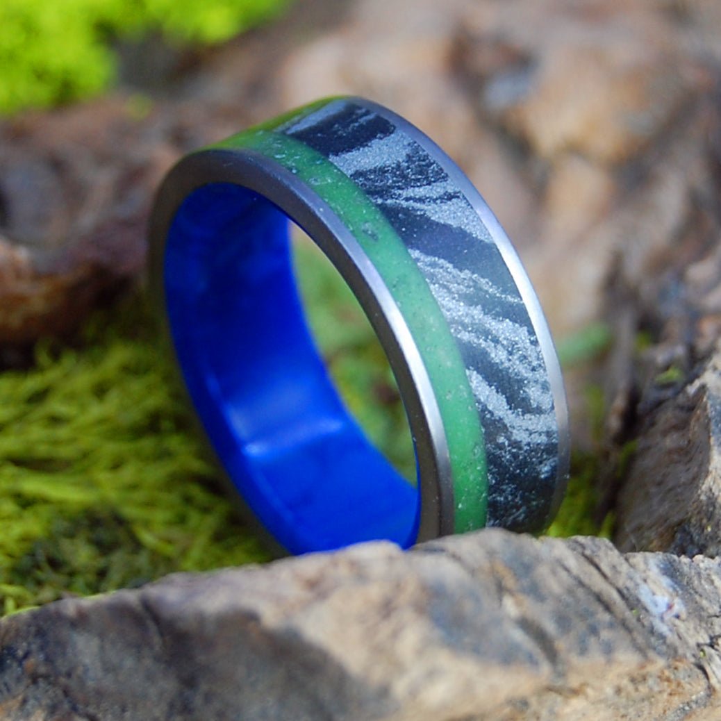 IRELAND OCEAN STORM | Men's Connemara Marble, M3, Sodalite Stone & Titanium Wedding Ring - Minter and Richter Designs