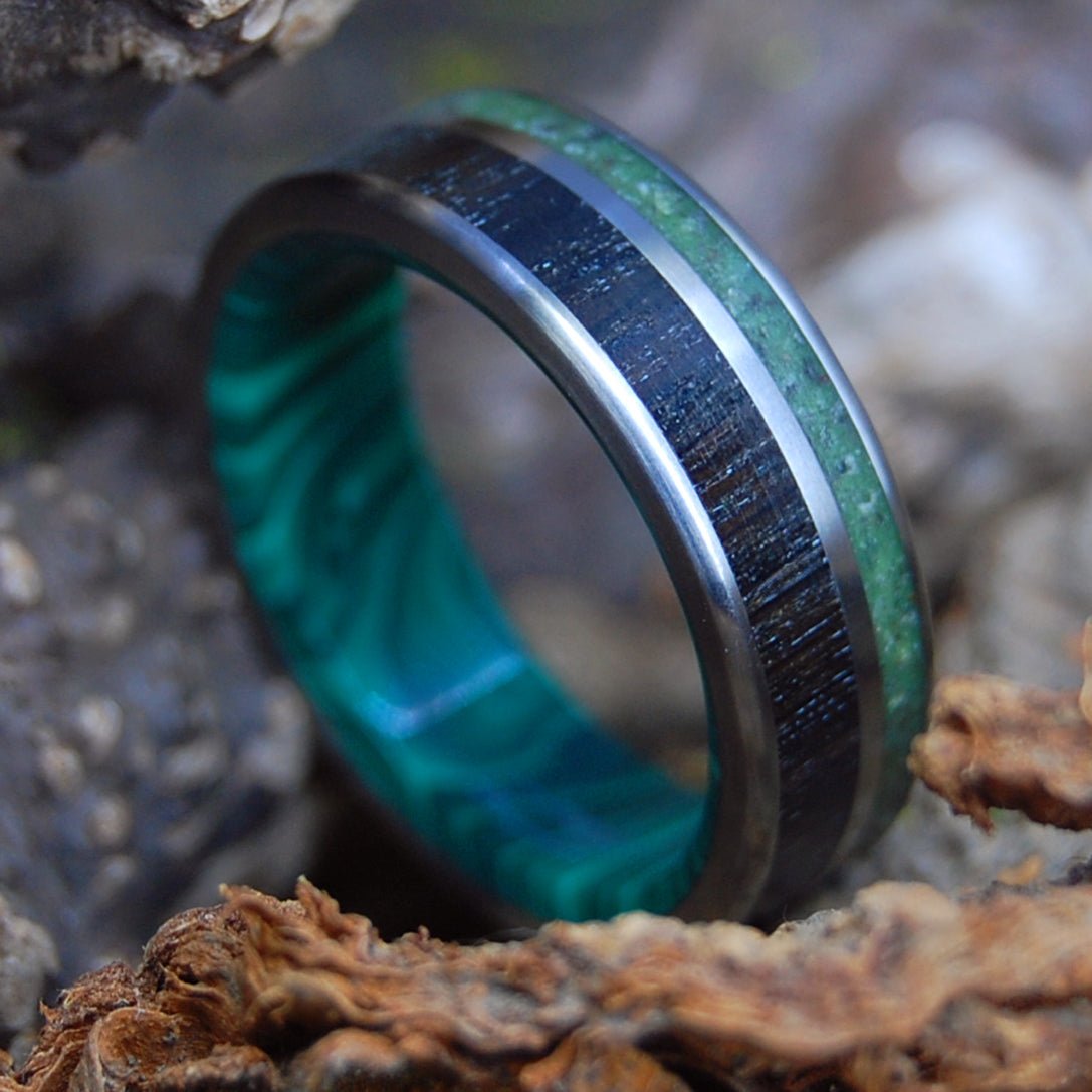IRISH BOG | Men's Irish Bog Oak, Connemara Marble, Appalachian Trail Dirt, Banded Malachite & Titanium Wedding Ring - Minter and Richter Designs