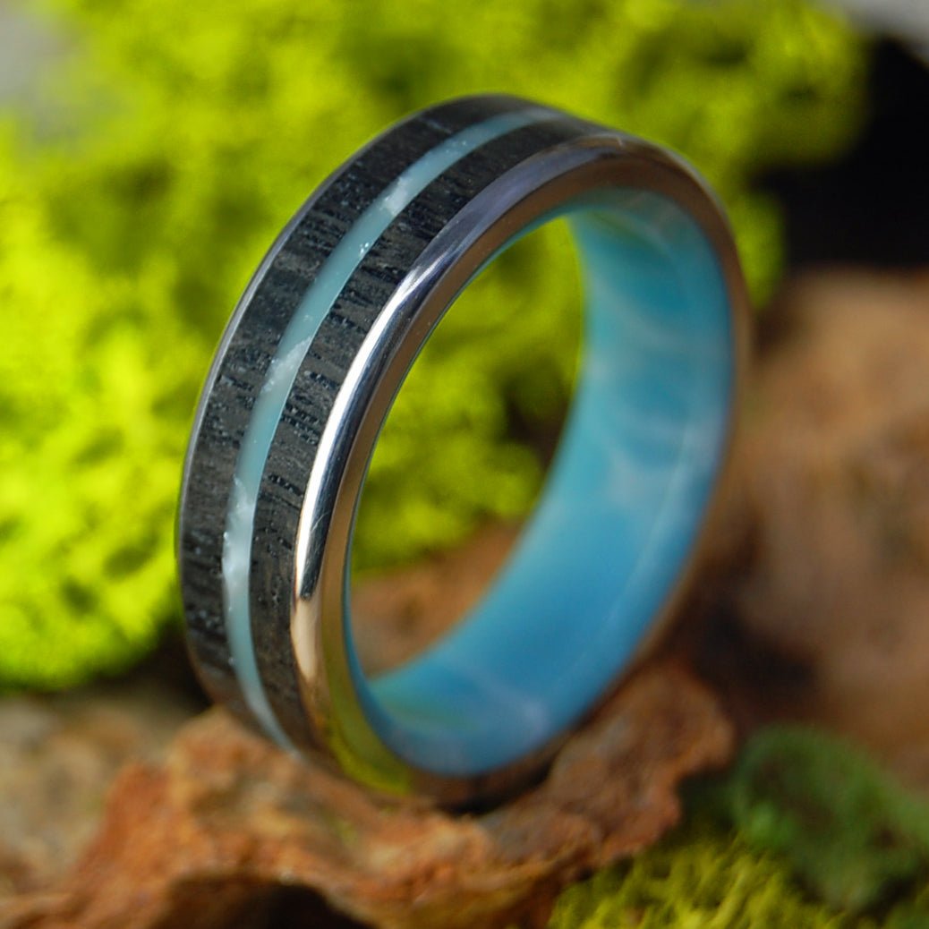 IRISH MAN FROM THE SEA | Men's Irish Bog Oak, Larimar Stone & Titanium Wedding Ring - Minter and Richter Designs