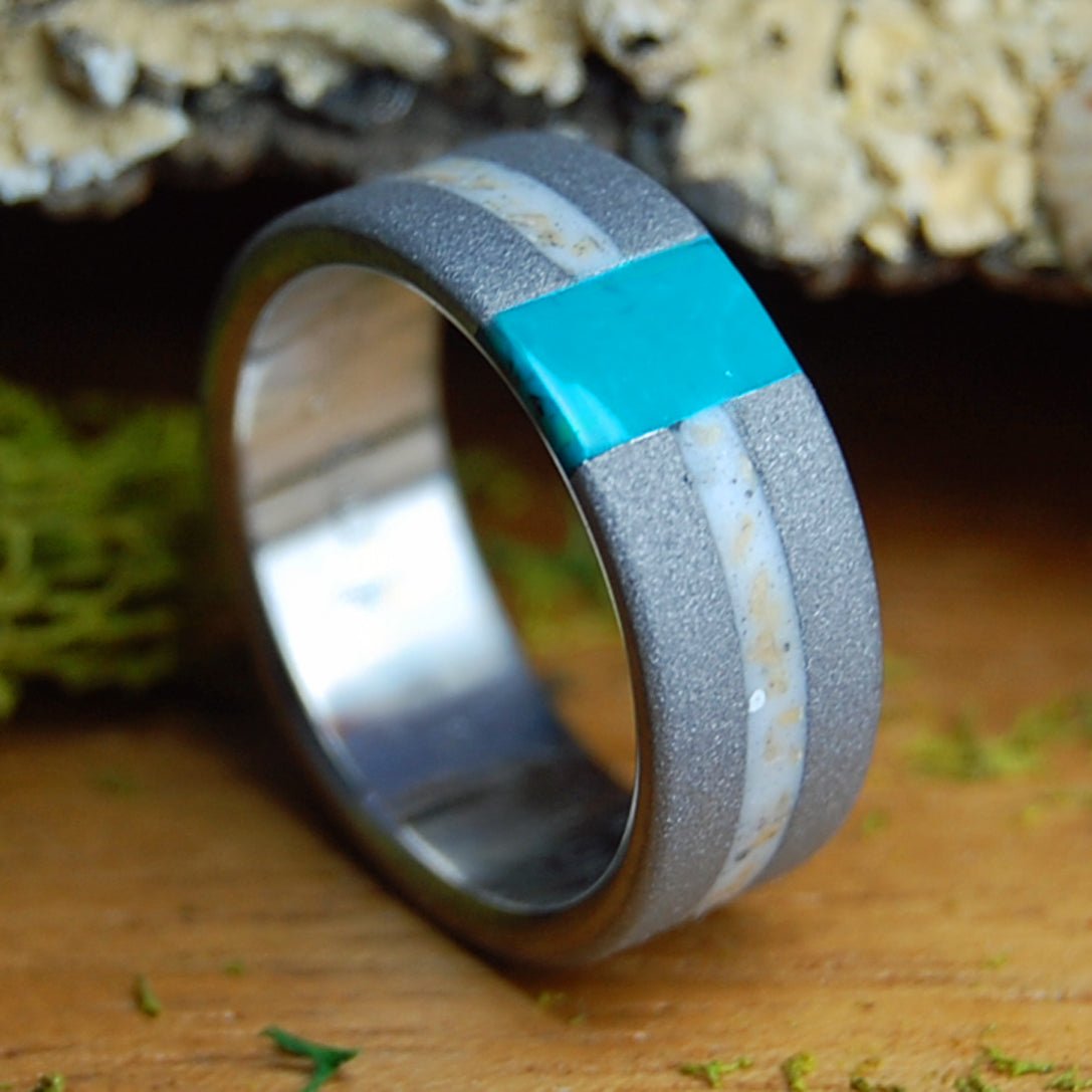 JERUSALEM COBBLESTONE | Men's Chrysocolla & Jerusalem Cobblestone & Titanium Wedding Ring - Minter and Richter Designs