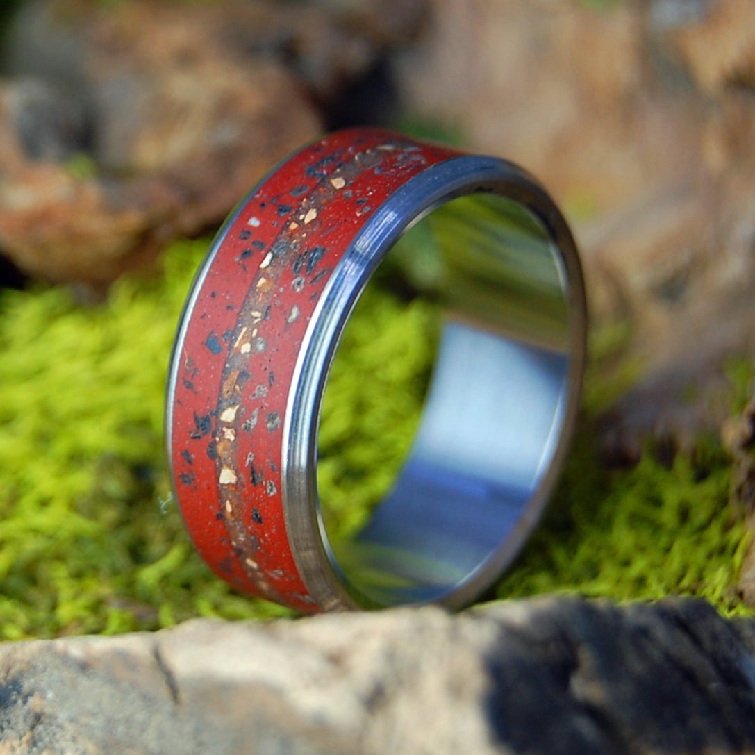 Jurassic Ballpark | Men's Baseball Pitcher Mound Dirt, Fenway Original Brick, Megalodon Shark, Tyrannasaurus Rex Teeth & Titanium Wedding Ring - Minter and Richter Designs