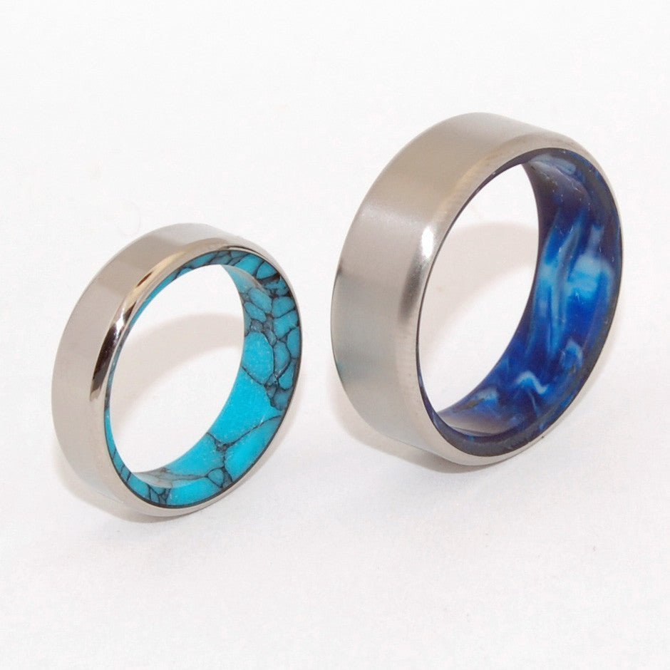 Lake & Swirling Sea | Turquoise Stone And Blue Vintage Resin - Unique Wedding Rings - Minter and Richter Designs