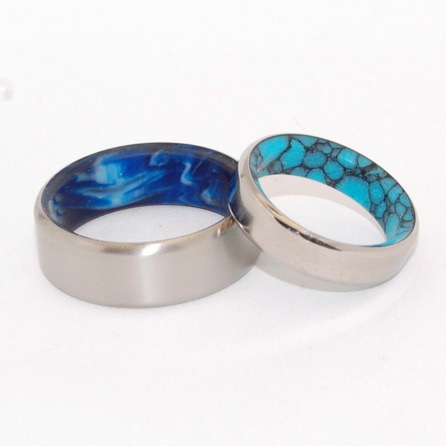 Lake & Swirling Sea | Turquoise Stone And Blue Vintage Resin - Unique Wedding Rings - Minter and Richter Designs